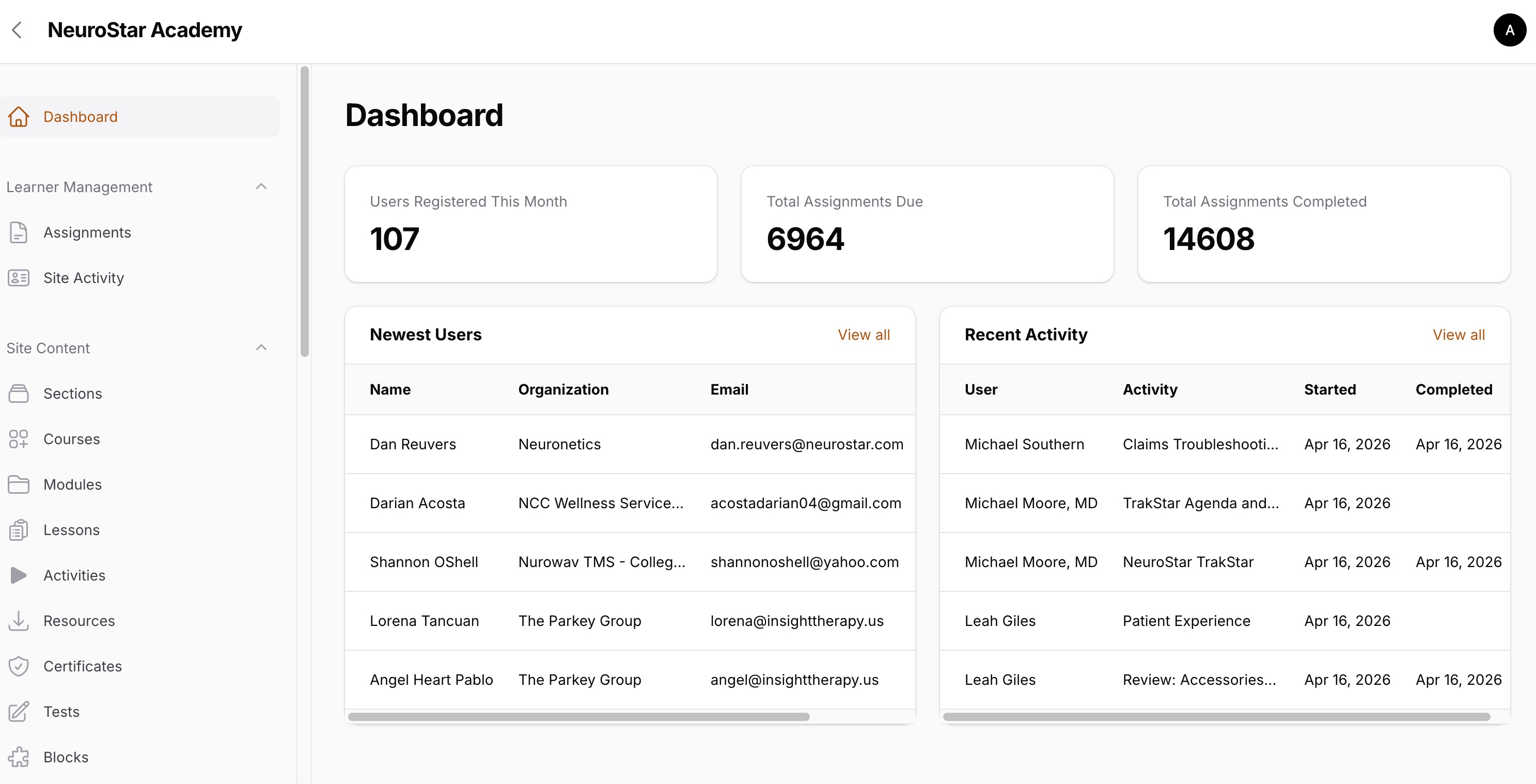 AcademyBuilder admin dashboard showing course management